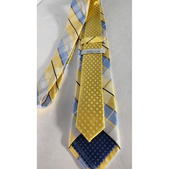 Vera Perry Portfolio Plaid‎ Necktie Yellow Blue Patterned Business Casual - Picture 3 of 5